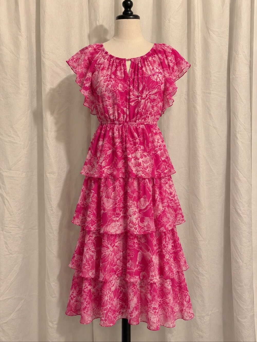 Fuschia Pink Floral Tiered Ruffle Midi Dress Size 4 NWT